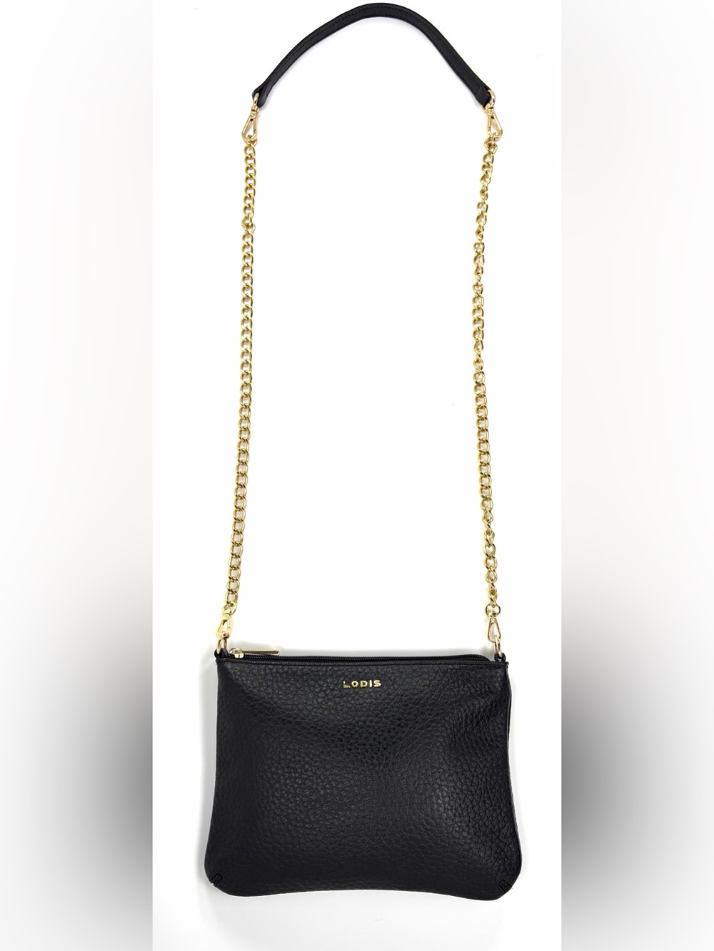 Lodis Black Pebbled Leather Crossbody with Gold Chain Strap